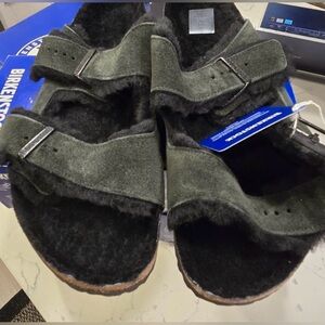 Birkenstock Arizona Shearling Suede Leather Sandals Black - NEW